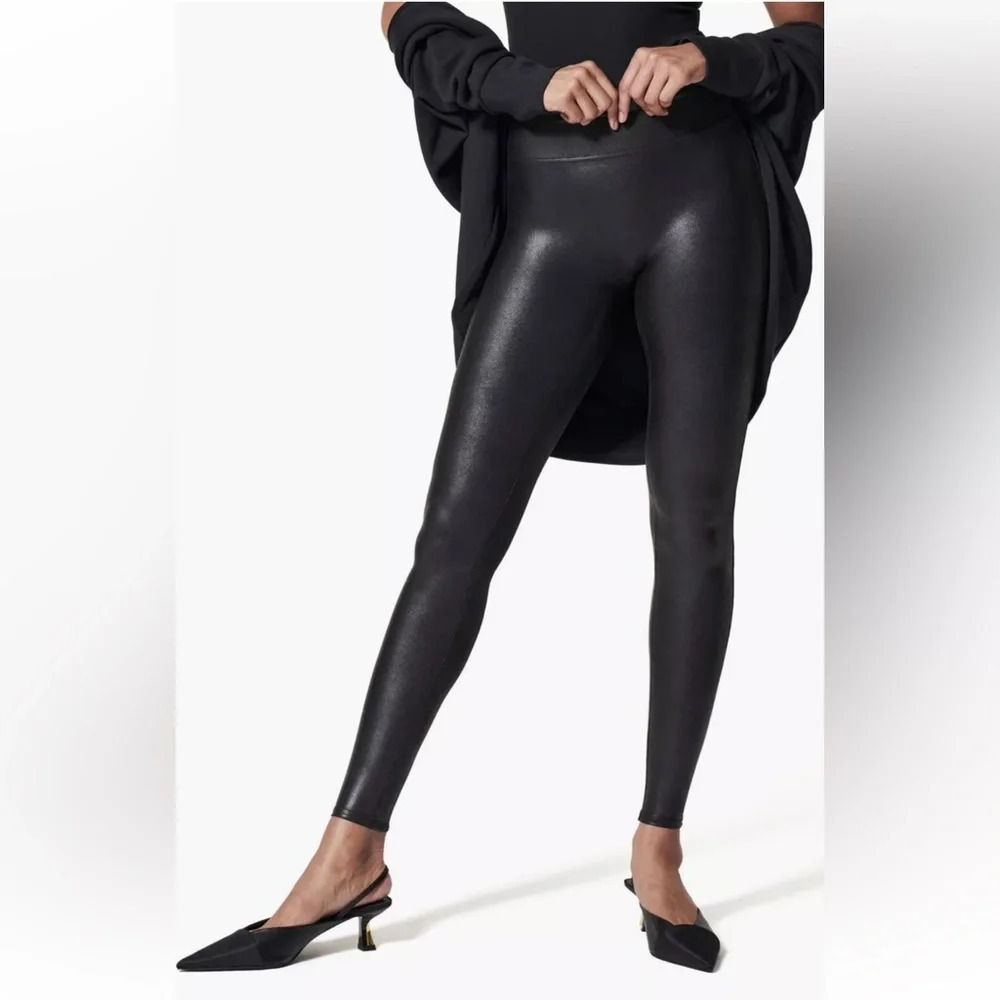 Spanx Womens Faux Leather Leggings High Waist Black Glossy Size XL